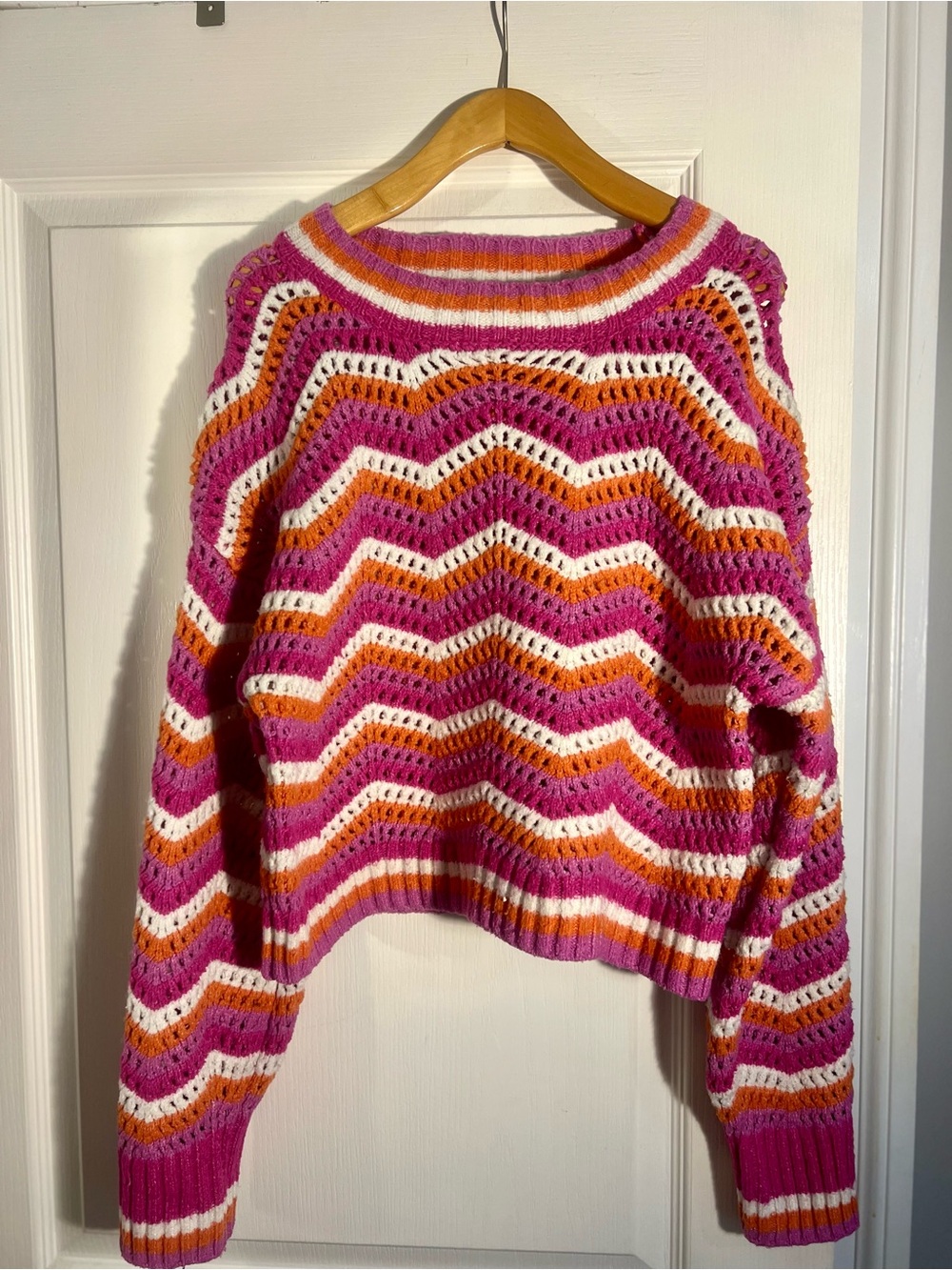 Hippie Rose Cropped Open-Weave Chevron Sweater in Pink, Orange & White